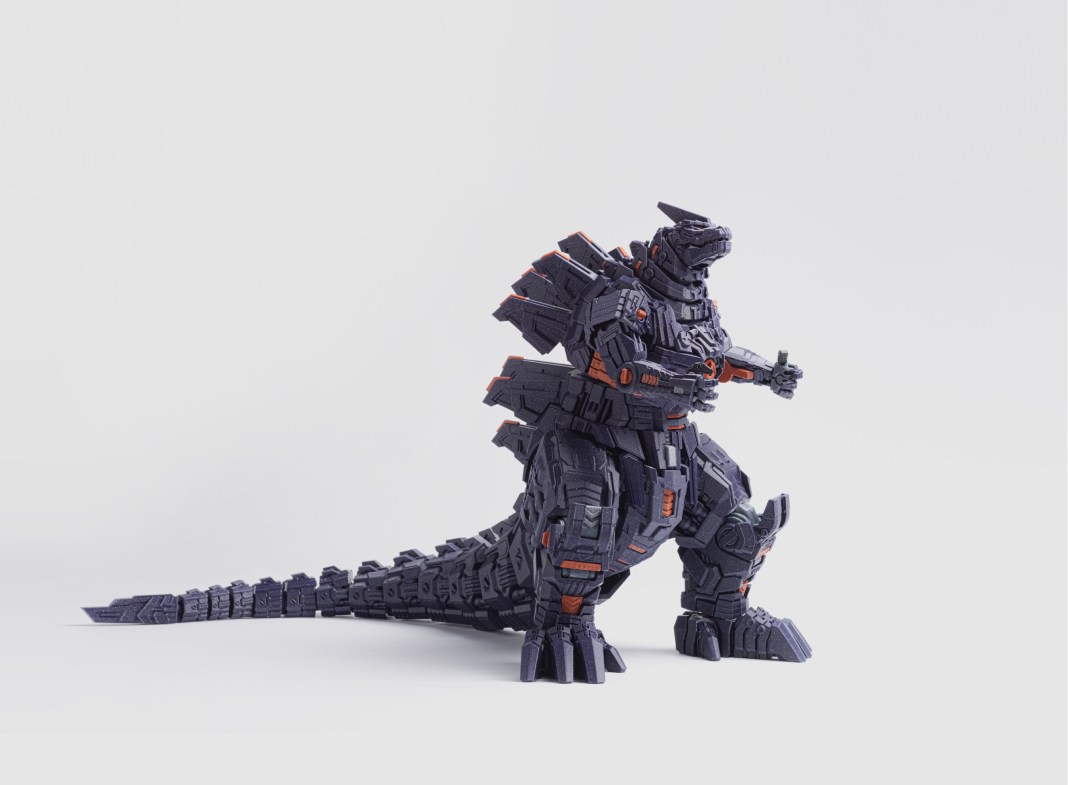 An articulated 3D-printed mech dinosaur figure in dark purple and orange.