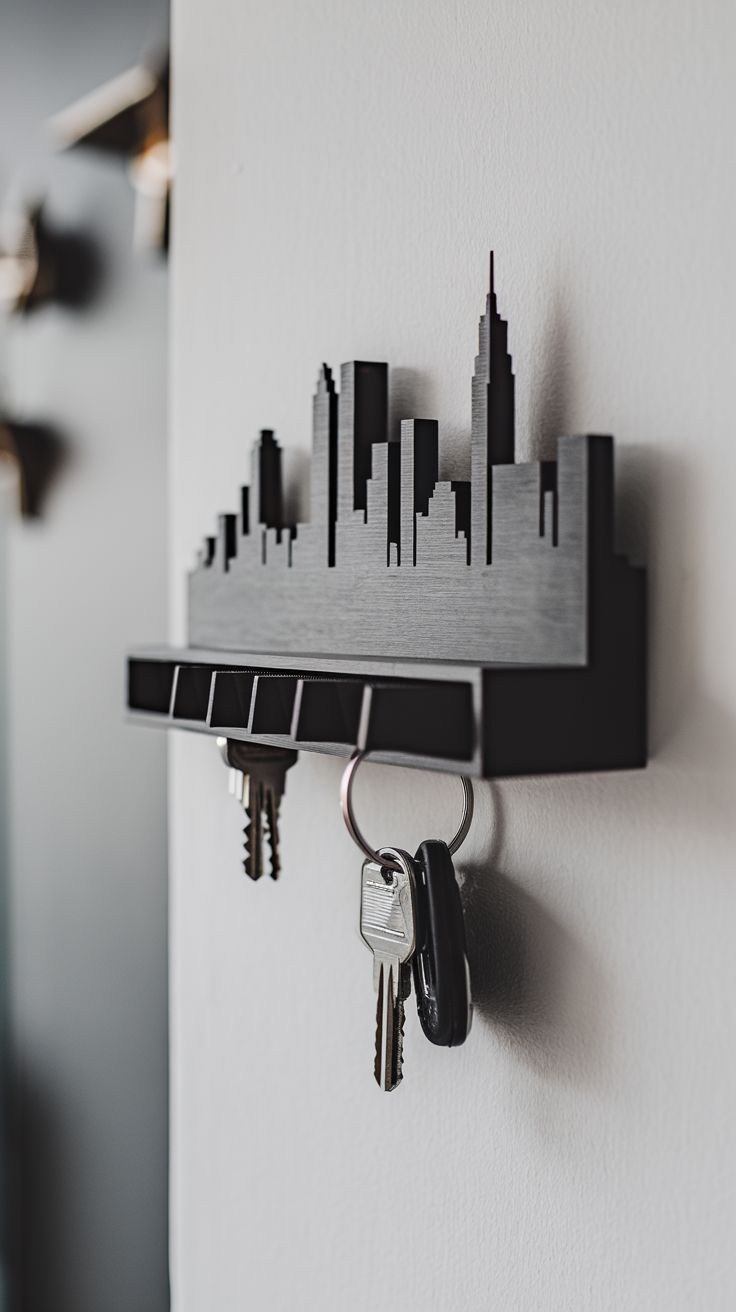 A 3D-printed wall organiser holding a plant, glasses and keys.